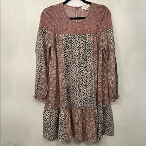 Long-Sleeve Mixed Print Tiered Dress in Dusty Rose